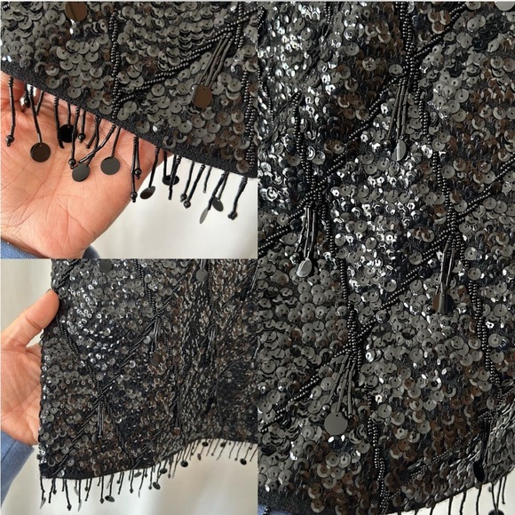 Vintage 1960s Black sequin tank top with beaded fringe glam 100% Wool Medium. - Picture 7 of 8